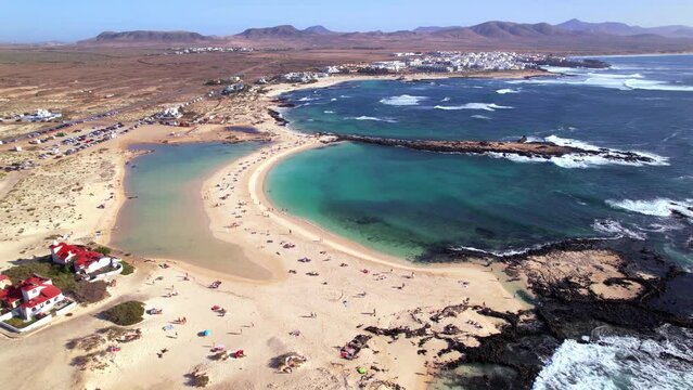 Best scenic beaches of Fuerteventura island. La Conca beach in El Cotilio in northern part. aerial drone video, Canaries
