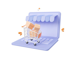 3d cartoon design illustration of Laptop with shopping cart, Shopping online concept.