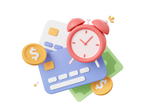 3d cartoon design illustration of Credit card with alarm clock notification icon, payment notification, payment due date, reminder notification concept.