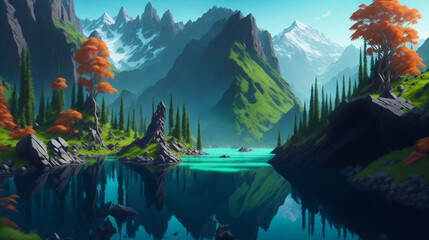 landscape with lake and mountains, generative ai