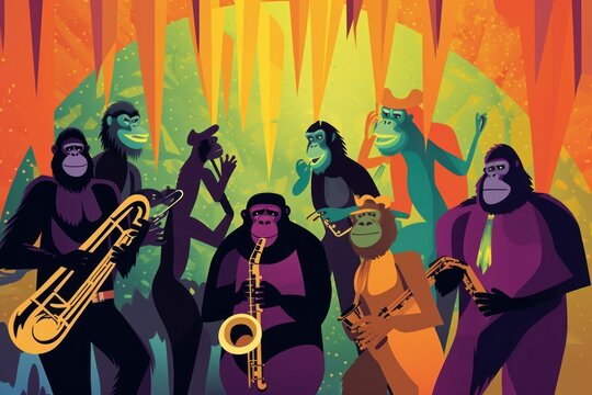 A group of monkeys playing instruments in a jungle. AI generative image.