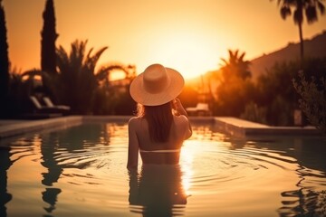 Back view of young woman in straw hat relaxing in swimming pool at sunset. Generative AI