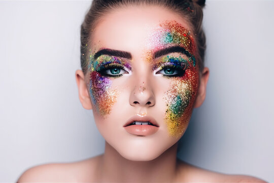 Eyes and face makeup. Beautiful eyes and face rainbow glitter Make-up. Feale model with colorful rainbow body art. Generative AI