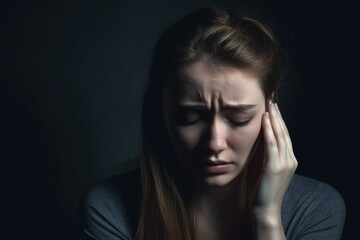 Fototapeta premium Portrait of young woman with headache on dark background, depression concep. Generative AI
