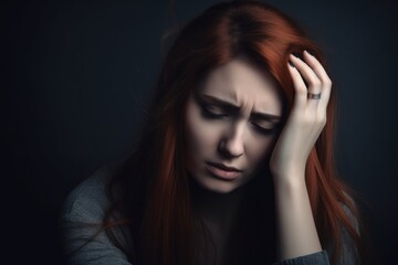 Portrait of a beautiful sad young woman with long red hair. Generative AI