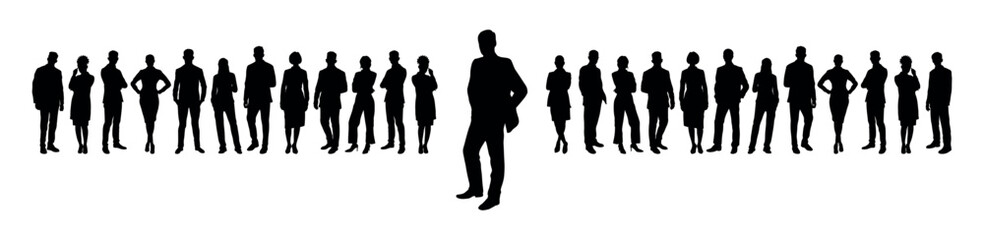 Businessman standing in front of his business team vector flat silhouette.