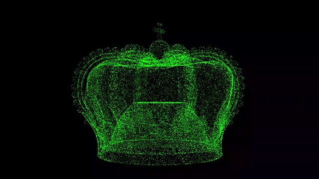 3D Imperial Crown rotates on black background. Object made of shimmering particles. Science history concept. For title, text, presentation. 3d animation 60 FPS