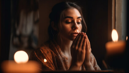Young woman meditating, illuminated by candle flame generated by AI
