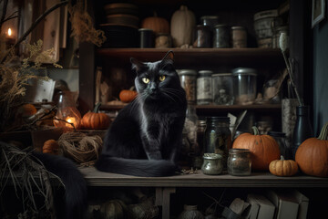Fototapeta na wymiar A black cat sitting on top of a wooden table. AI generative Halloween display.