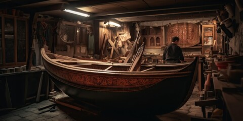 Gondola builder restores a vintage gondola in a venetian workshop, preserving the city cultural heritage and craftsmanship, concept of Heritage preservation, created with Generative AI Generative AI - obrazy, fototapety, plakaty
