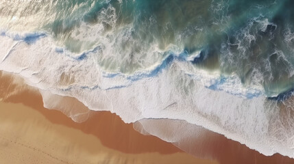 Aerial Drone view of beautiful beach. Top view on ocean waves and yellow sand beach. Copy space. Travel or Vacation banner background. Generative AI.