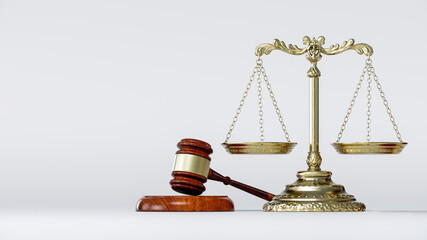 Law Legal System Justice Crime concept. Mallet Gavel Hammer and Scales on table. 3d Render illustration