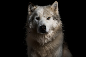 Gray wolf or canis lupus on black background. Wild wolf portrait on black background, Generative AI. Wolft portrait for zoo or background, design element.