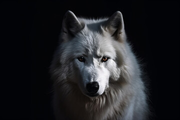 Gray wolf or canis lupus on black background. Wild wolf portrait on black background, Generative AI. Wolft portrait for zoo or background, design element.