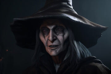 Ugly old witch with dark eyes and scars on black background, Generative AI. Old scary witch portrait. Evil dark witch face close up. Halloween background. Witch magic background.