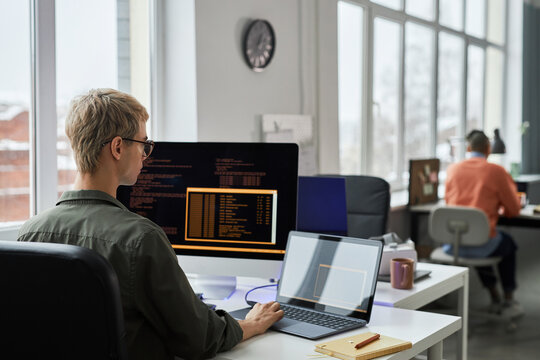 Young programmers writing codes on computer sitting at their workplace during working day in IT office