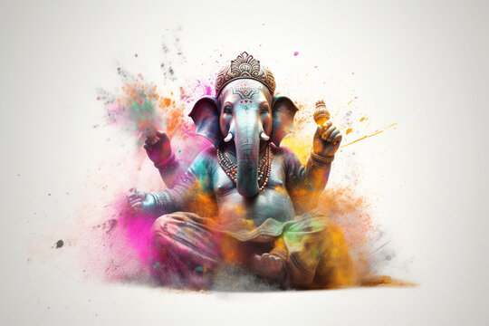 Religion and culture concept. Beautiful Hindu god Ganesha with elephant head in holy colorful paint dust splash. Generative AI
