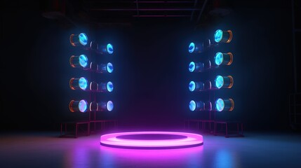 Fototapeta na wymiar Empty Product Stand Platform Podium Exhibition Background. Spotlights surrounded the stage. generative ai