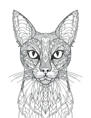 Siamese cat head, black white illustration, outline for coloring book page, AI generative coloring card