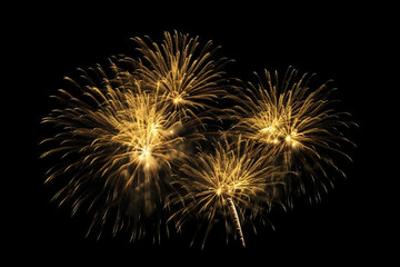 Golden fireworks on black background. New year yellow fireworks on black background. New Year or Independance Day banner design element. Generative AI.