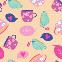 Rollo Seamless pattern with cup and bubble speech on dots backgrounds.  Background for textile, fabric, stationery, tea towel, clothes, accessories and other designs. © Annity_Art