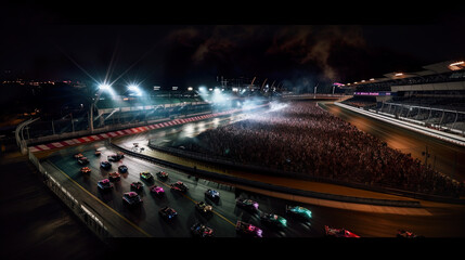 Fototapeta na wymiar Racing track with cars at night after rain wirh reflections, crowd of people on grandstands. AI generative digital illustration.