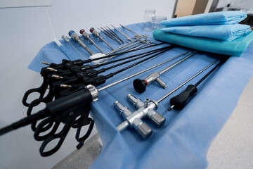 sterile surgical instruments lie on the table before the operation in the operating room laparoscope scalp scissors