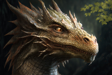 Dragon portrait on a black background. Gorgeous ancient dragon on black background. Dragons background. Fairy tale creature. Generative AI.