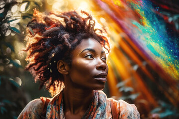 Black woman on psychedelic journey in forest. Generative AI.