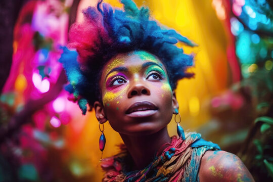 Black woman colorful face paint and hair. Generative AI.