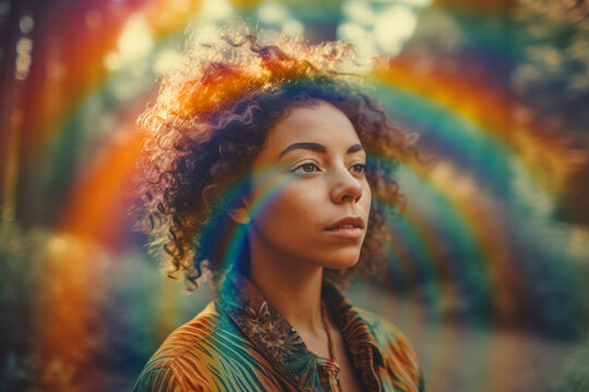 Mixed race woman on psychedelic experience with rainbow of light.  Generative AI.