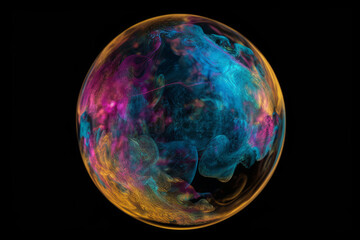 Colorful soap bubble on black background. Colorful abstract pattern on a soap bubble close up on black background. Generative AI.