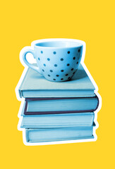 Empty dotted coffee cup placed on top of a pile of old books with white border on the yellow background.