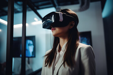 Office worker woman in vr helmet. Female using Virtual reality display in office tasks generative ai.