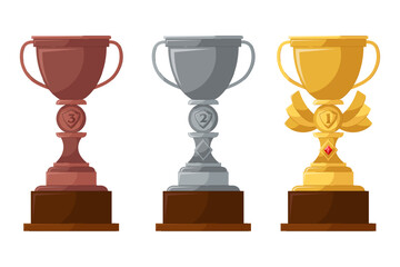 Goblets, trophy. Prize for the winner of a contest or competition. Shiny goblets icons. Gold, silver and bronze trophy cup. 	