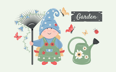 Funny little gnome girl and garden tools. Garden. Little fairy. Vector illustration