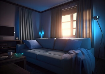 A beautiful modern living room with stylish appliances and abstract wall decor.A very cosy living room with all the accessories you need. Image generated by AI.