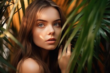Beauty portrait of a young woman in front of palm tree (Ai generated)
