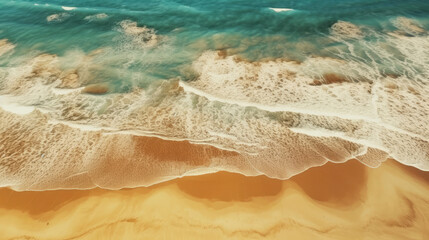 Fototapeta na wymiar Aerial Drone view of beautiful beach. Top view on ocean waves and yellow sand beach. Copy space. Travel or Vacation banner background. Generative AI.