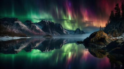 Fototapeta na wymiar fjord with aurora borealis by Generative AI
