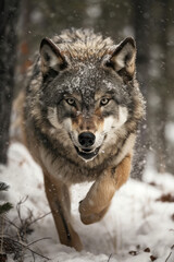 Fototapeta premium Gray wolf in a snowy forest. Wild animal aggressively running towards the camera generate ai