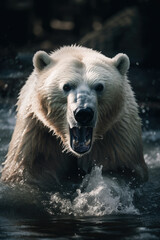 Obraz premium White bear in the wild. North winter snow. Wild Polar bear roaring aggressively running towards camera generative ai