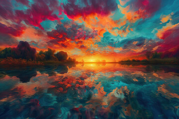 Fototapeta na wymiar sunset over the lake by Generative AI