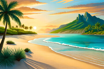 Fototapeta na wymiar a tranquil beach with palm trees and a clear blue sky
