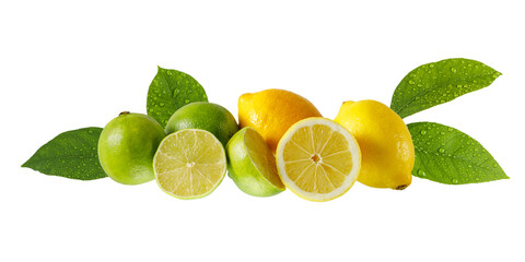 Lemon and lime whole and sliced fruits with leaves, isolated on white background.