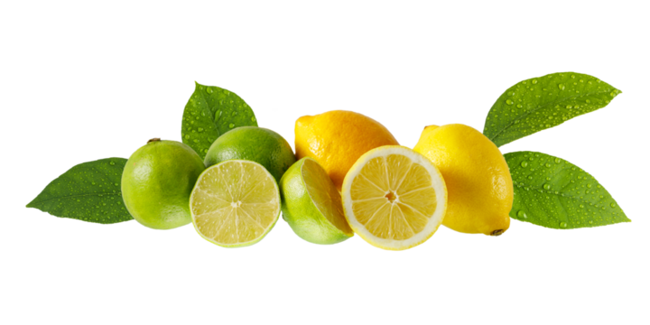 Lemon and lime whole and sliced fruits with leaves, isolated on white background.