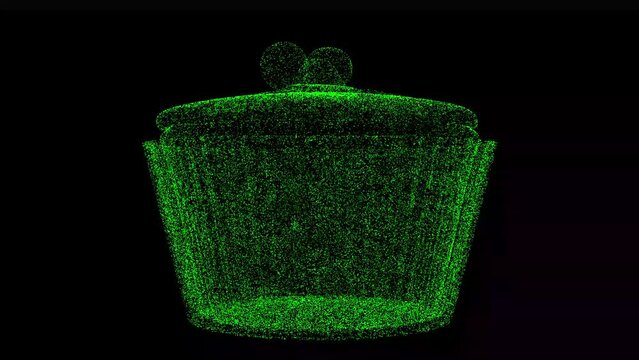 3D cup cake rotates on black background. Object made of shimmering particles. Food snack concept. For title, text, presentation. 3d animation 60 FPS