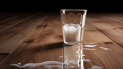 Wooden floor with overturned glass of white milk. Spilled white milk on a wooden. Generative Ai