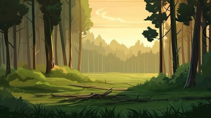 Summer forest background. Light clean summer forest with green trees and grass. Generative Ai
