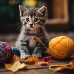 Fototapeta na wymiar A kitten sitting next to a ball of yarn. AI generative image.